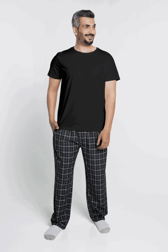 pajama-pant-shirt-set-black-cotton-plaid-round-neck-men-2