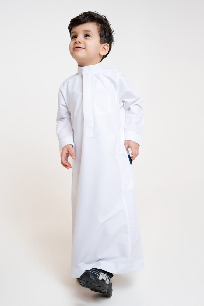 Al Shiaka Embroidered Thobe – White for kids - Image 2