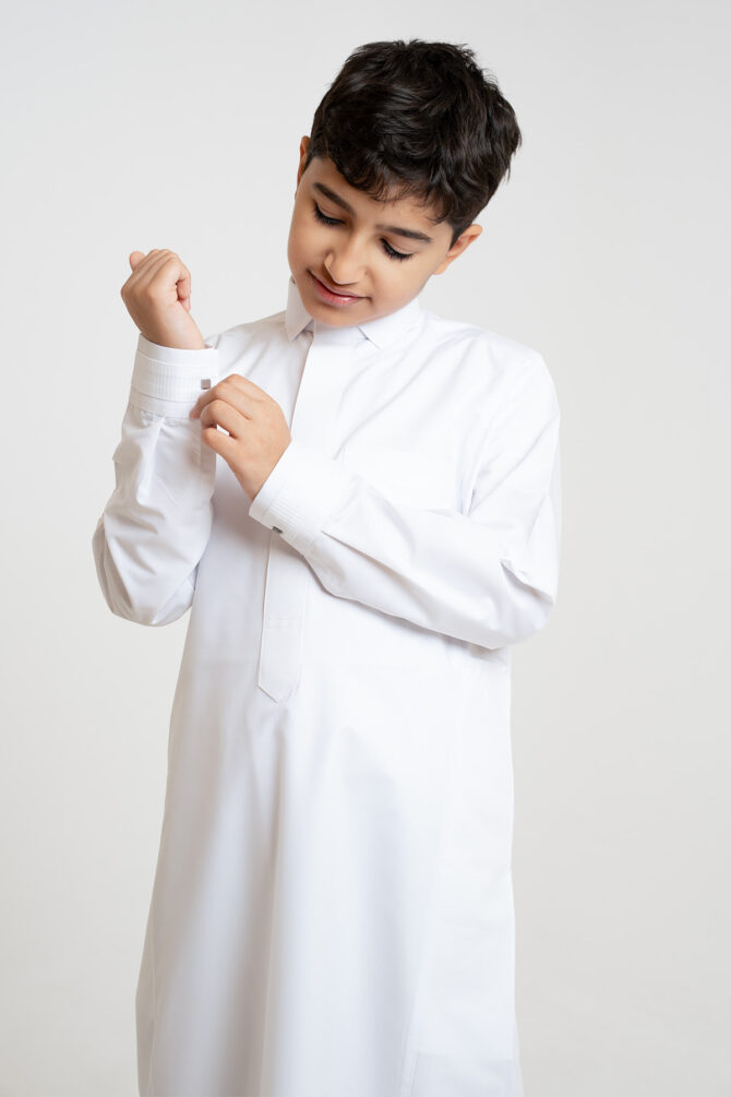 Al Shiaka Youth Trendy Striped Thobe – White - Image 4