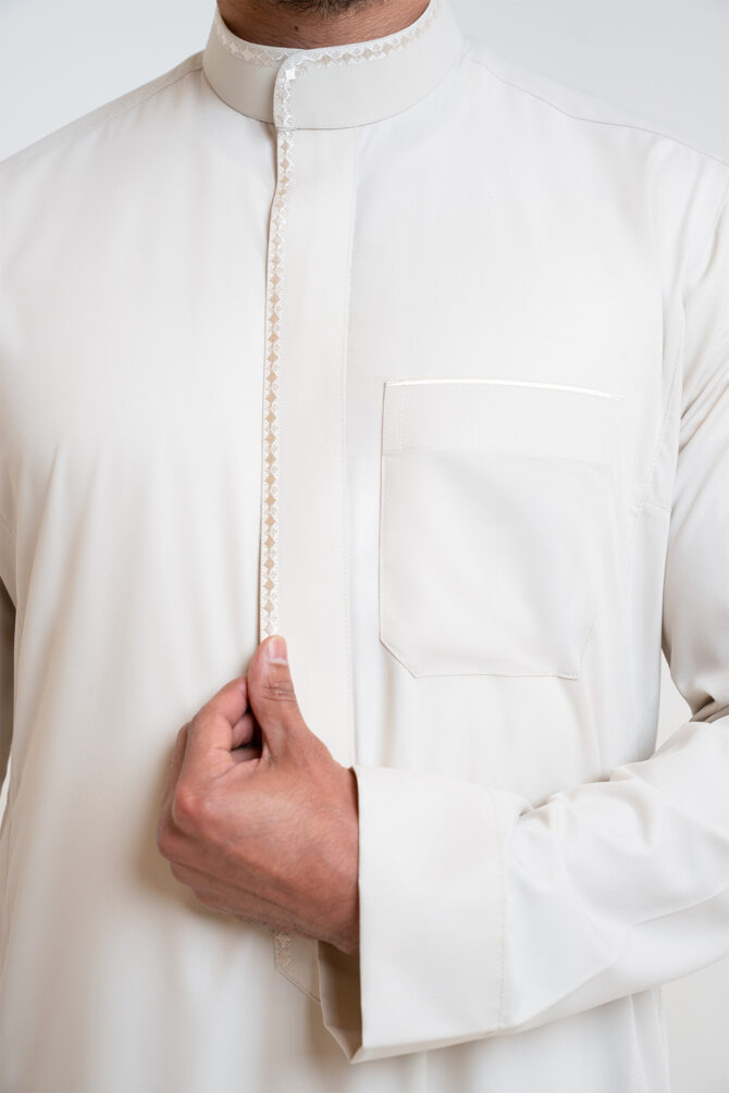 Men’s embroidered thobe - Light Beige - Image 2