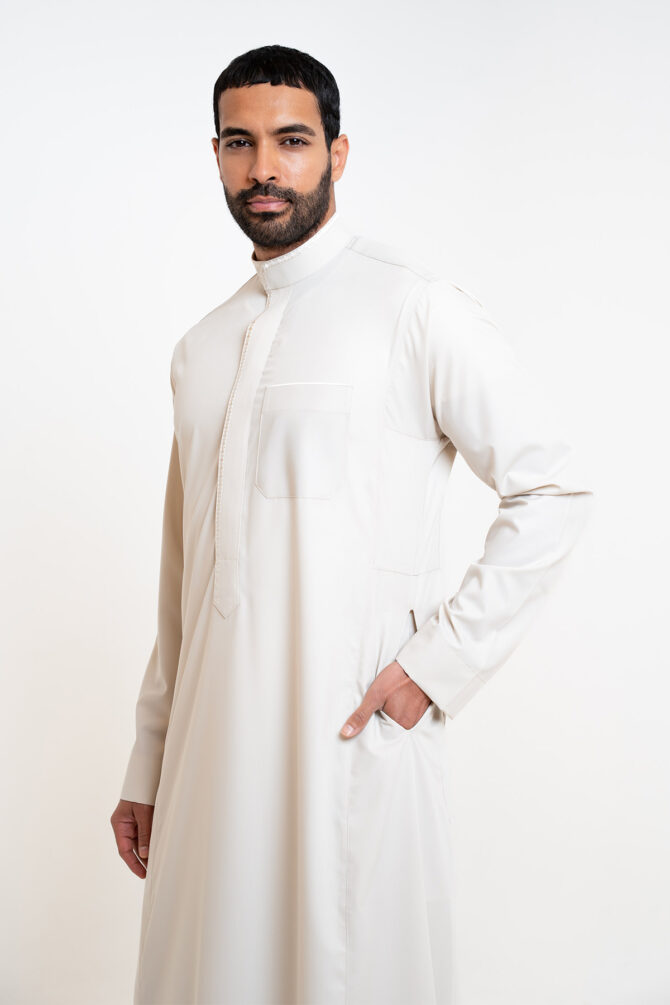 Men’s embroidered thobe - Light Beige - Image 3