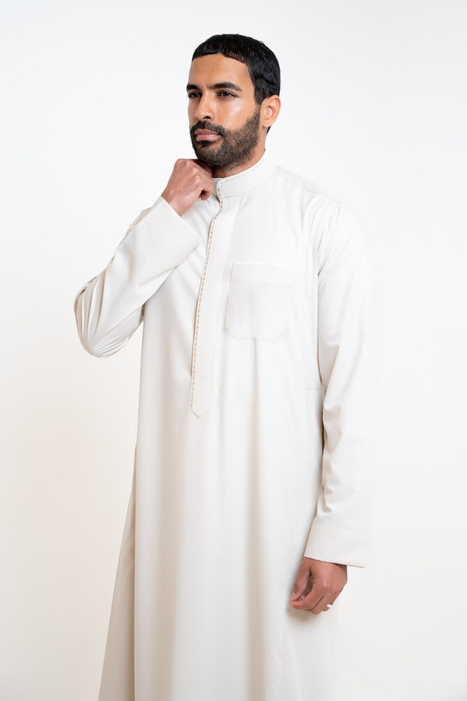 Men’s embroidered thobe - Light Beige - Image 4